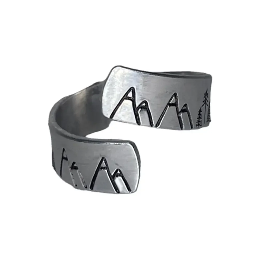 Handmade 8/9 stamped forest & moose silver‎ hypoallergenic adjustable wrap ring